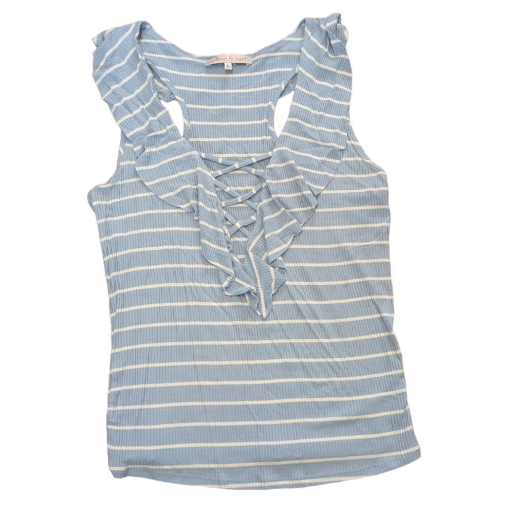 WILLOW & ROOT Women's Blue and White Striped Tank Top with Lattice Neckline